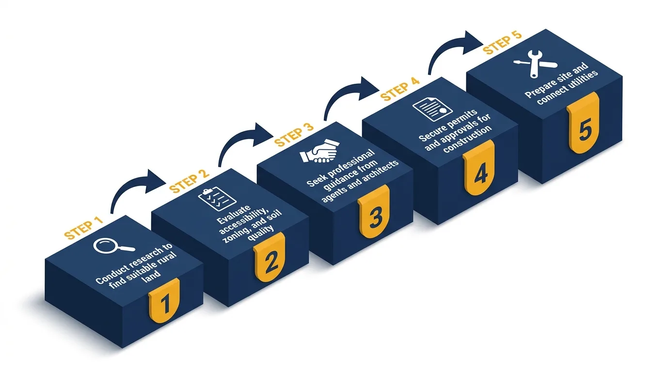 Infographic showing steps to buy land for a tiny house with icons and numbered platforms.