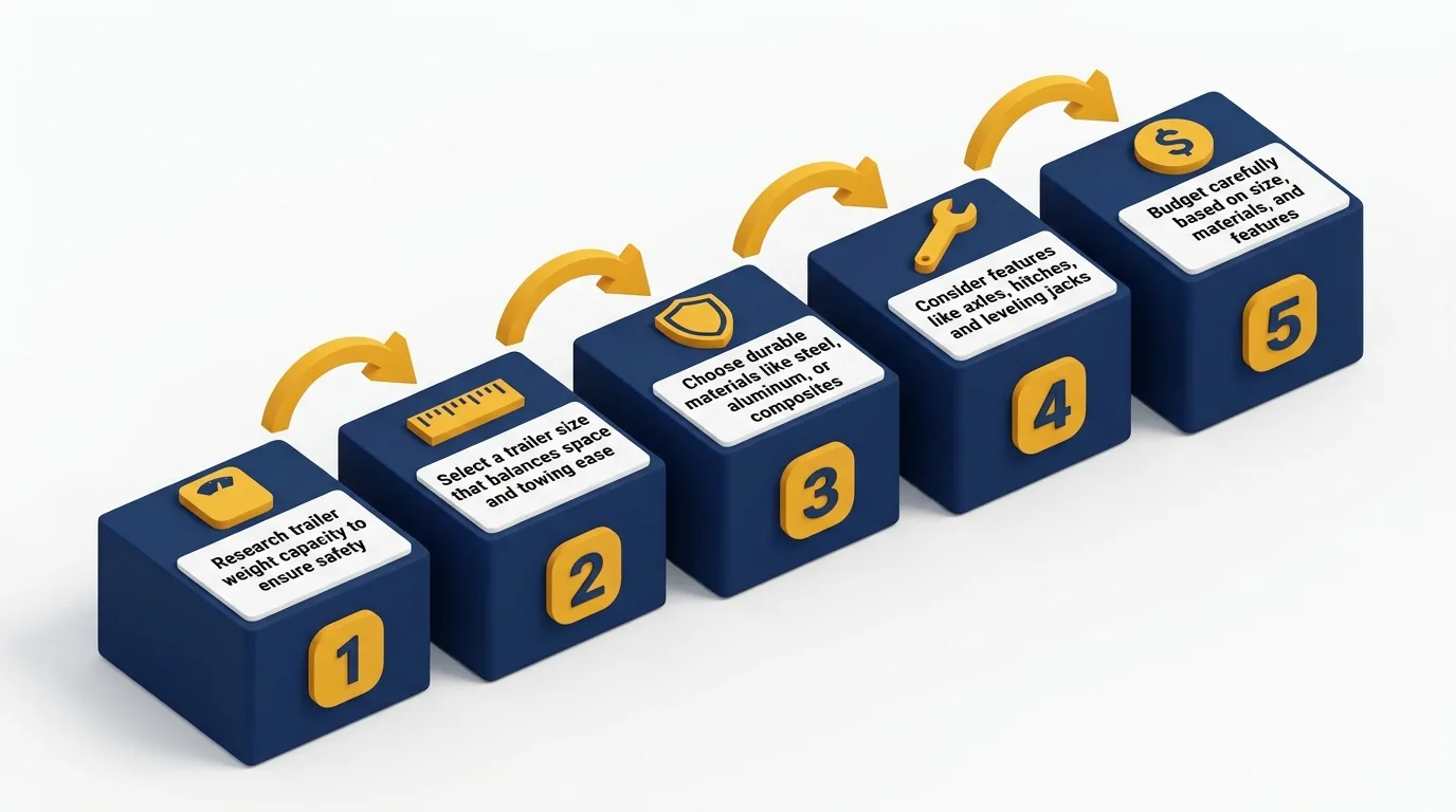 Infographic showing steps to choose the right tiny house trailer with icons and numbered platforms.
