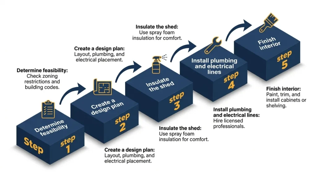 Infographic showing steps to convert a shed into a tiny house with icons and numbered platforms.