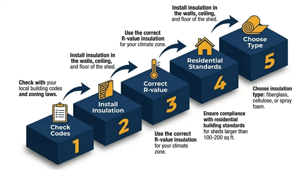 Infographic showing steps to convert a shed into a tiny house with icons and labels.