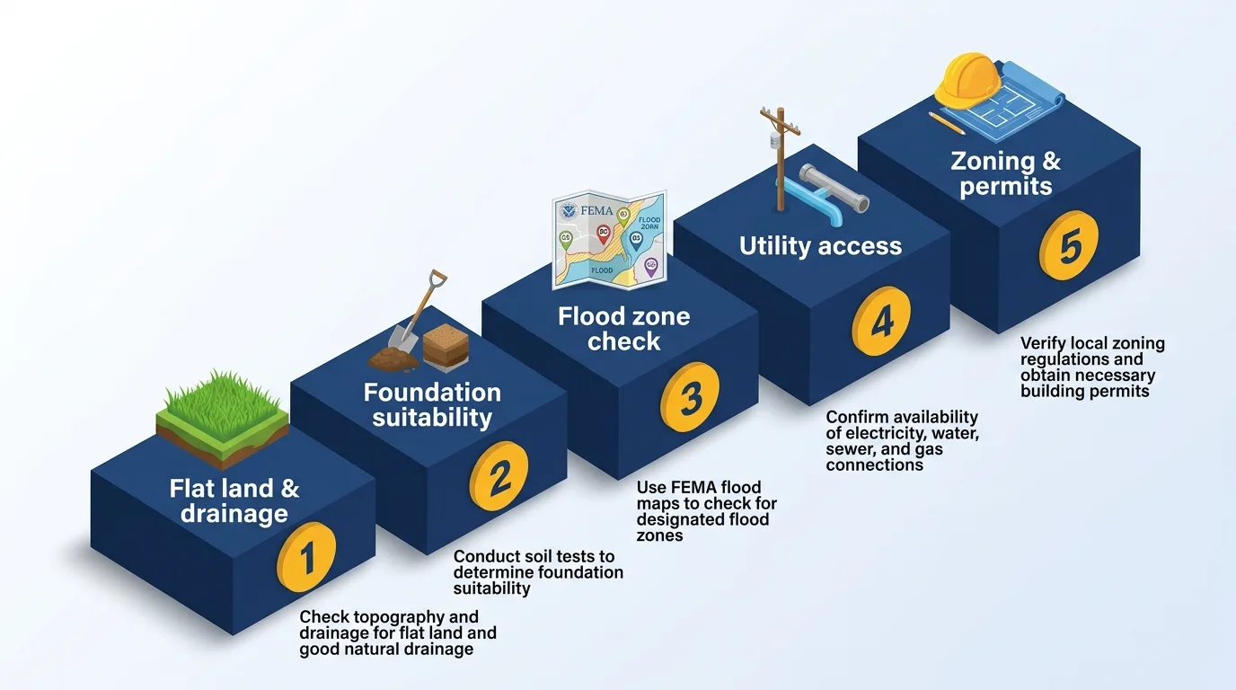 Infographic showing steps to evaluate land for tiny houses in Florida with icons and numbered platforms.