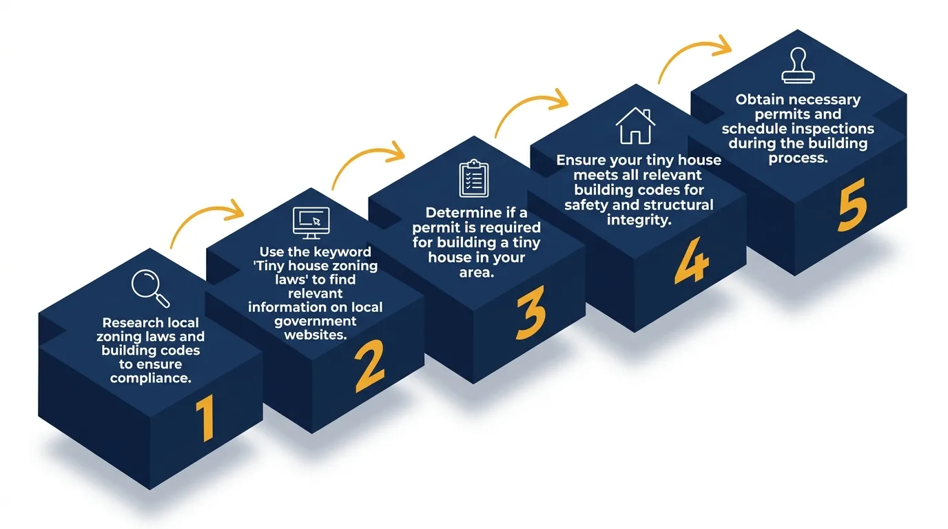 Infographic showing steps to legally build a tiny house with icons, numbered badges, and flow arrows.