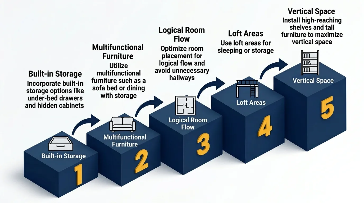 Infographic showing steps to optimize tiny house floor plans with icons and numbered platforms.