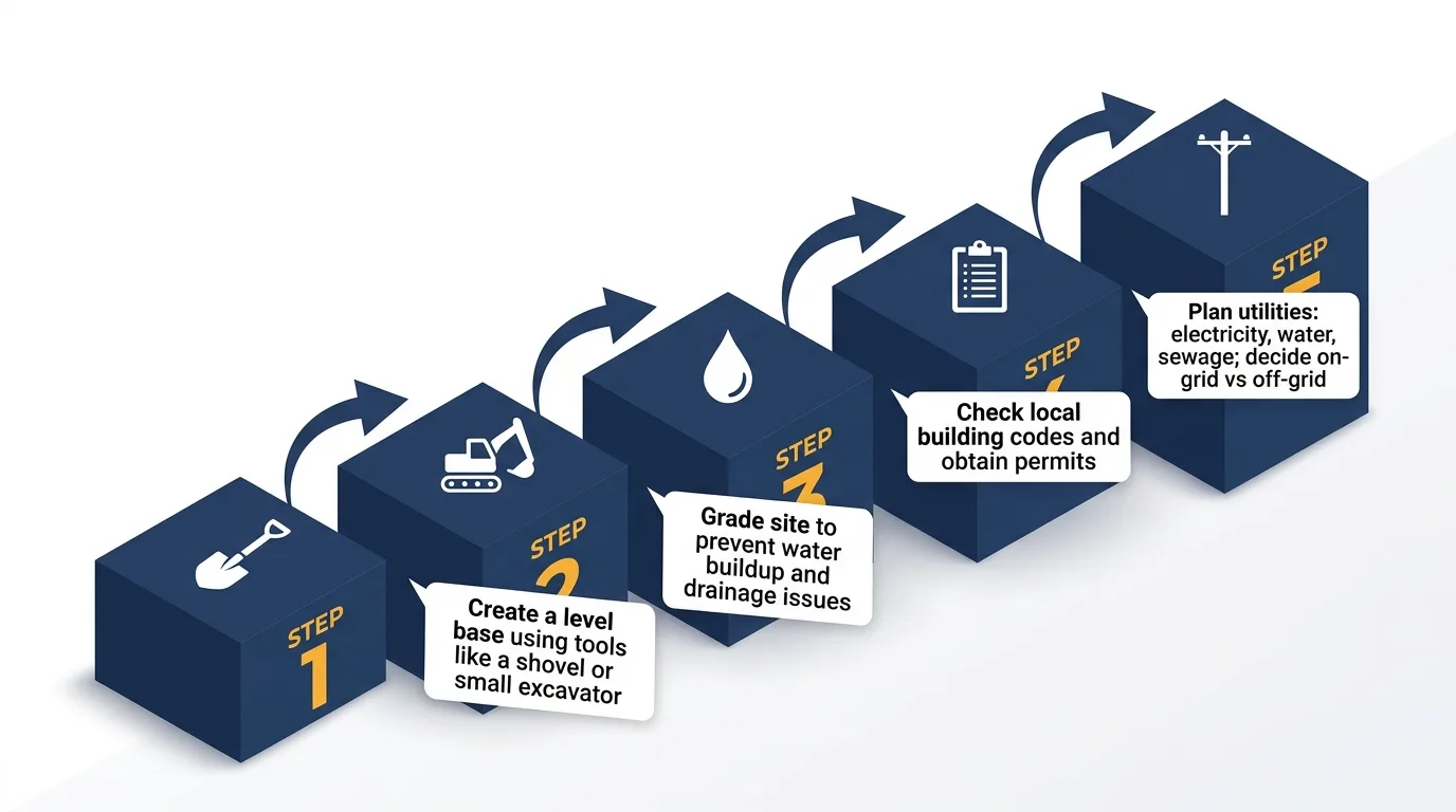 Infographic showing steps to prepare a tiny house building site with icons and numbered platforms.