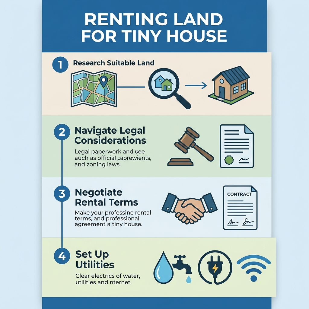 Infographic showing steps to rent land for a tiny house: research, legal, negotiate, and set up utilities.