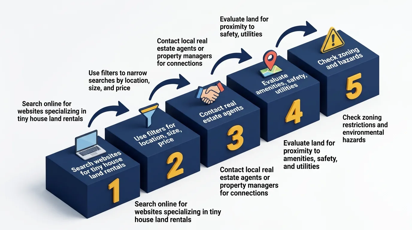 Infographic showing steps to rent land for a tiny house with icons and numbered platforms.