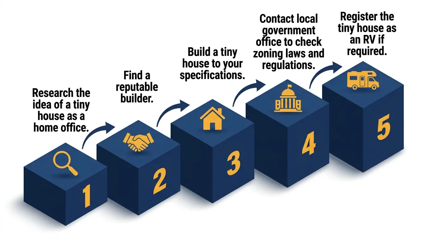 Infographic showing steps to set up a tiny house home office with icons and labels.