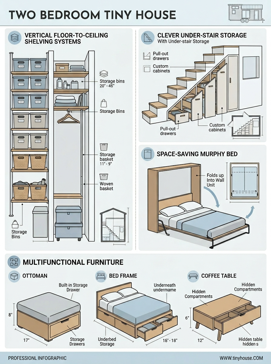 Infographic showing storage solutions for two-bedroom tiny houses, including vertical shelves and under-stair storage.