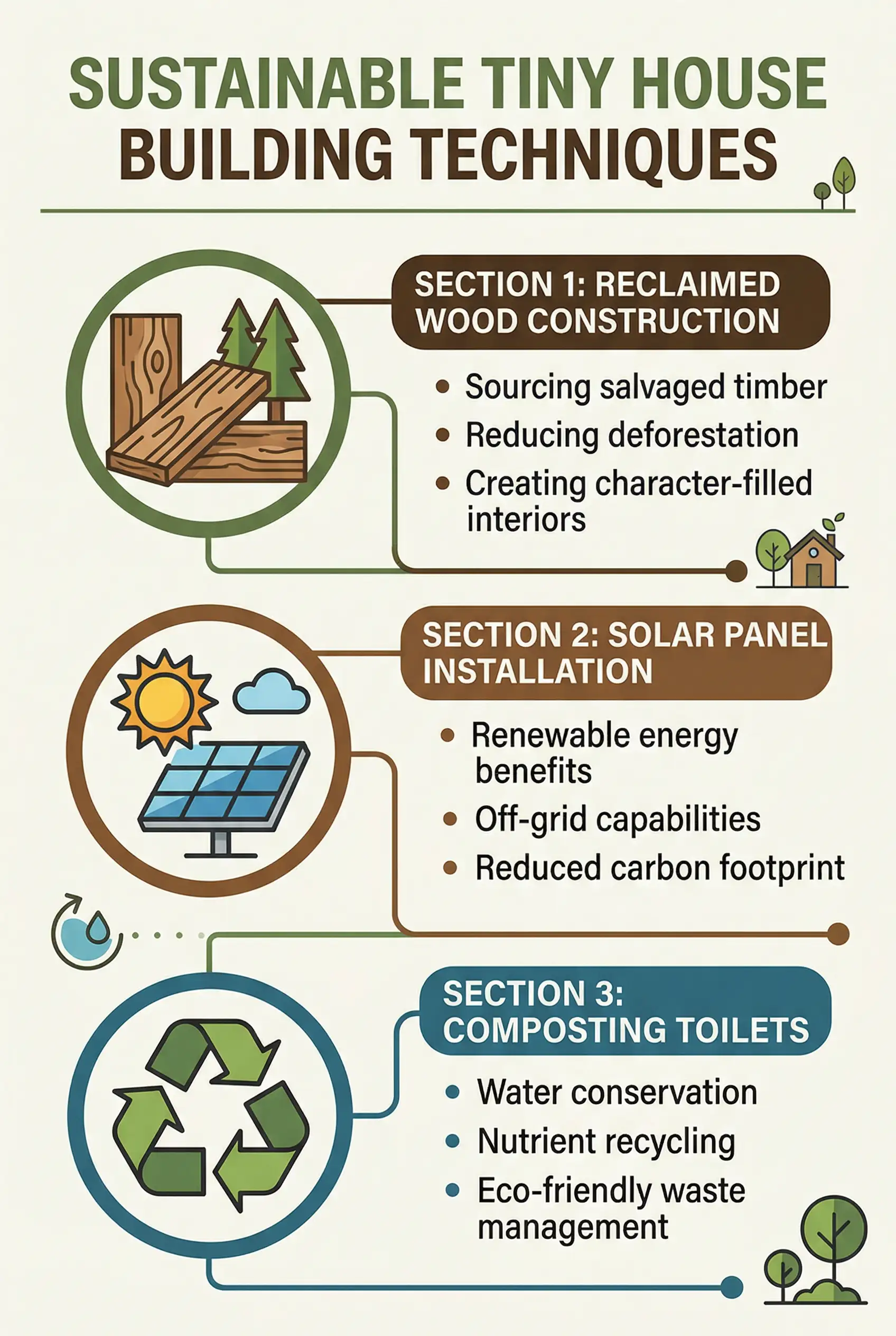 Infographic showing sustainable building techniques for tiny houses.