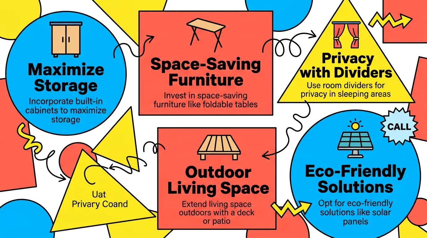 Infographic showing tips for efficient living in a two-bedroom tiny house with icons and geometric shapes.