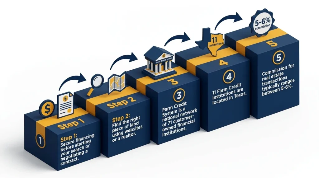 Infographic: Step-by-step guide for buying rural land in Texas with financing tips and commission details.