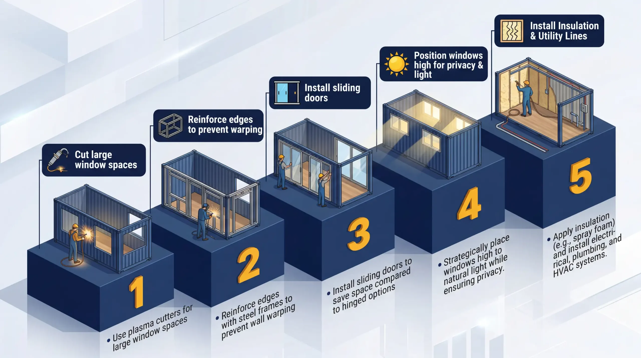 Infographic: Step-by-step guide for cutting and installing openings in shipping container tiny homes.