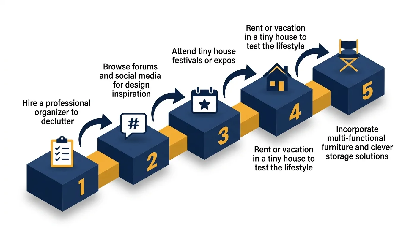 Infographic: Step-by-step guide to build a tiny house with icons and numbered platforms.