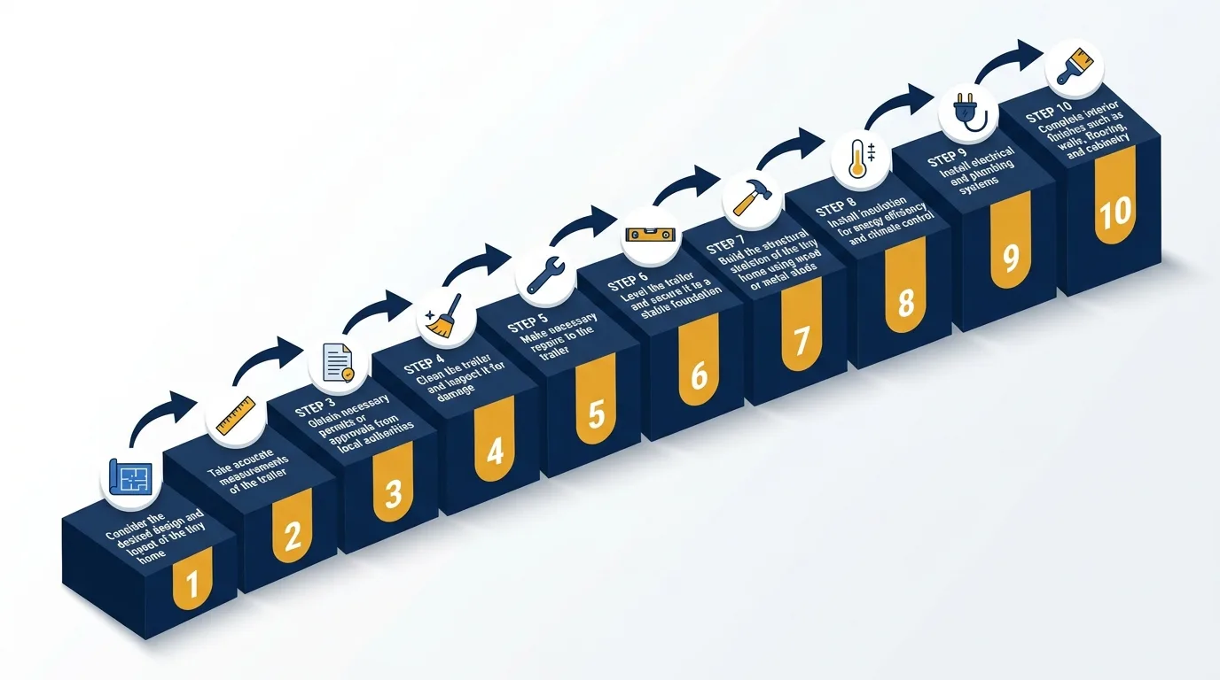 Infographic: Step-by-step guide to building on a tiny house trailer with icons and numbered steps.