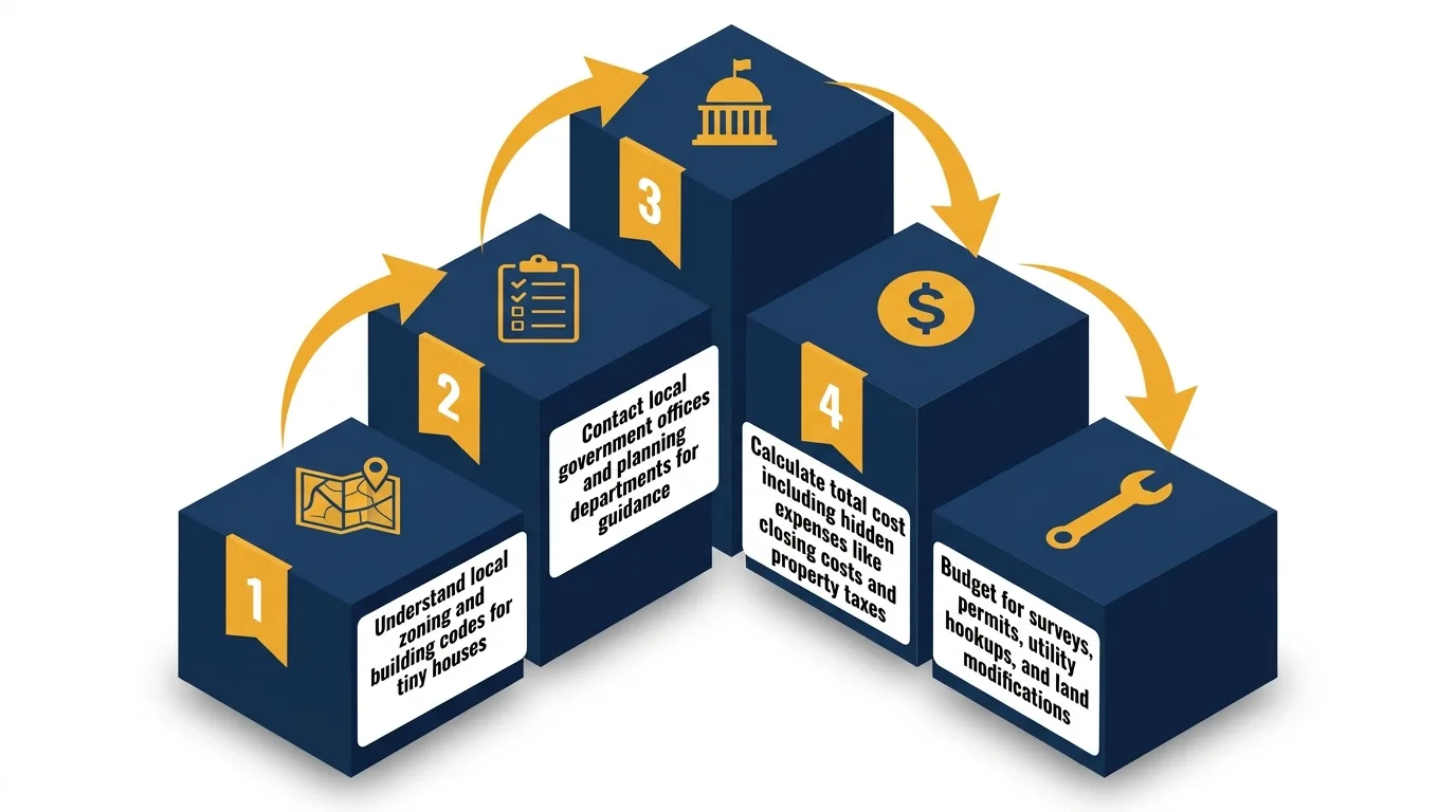 Infographic: Step-by-step guide to buying land for a tiny house, featuring zoning, costs, and budgeting tips.