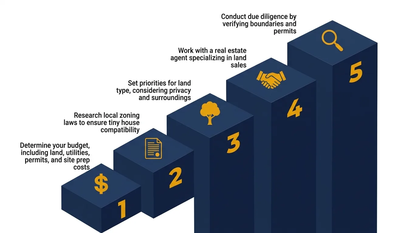 Infographic: Step-by-step process for buying land for a tiny house, with icons and numbered platforms.