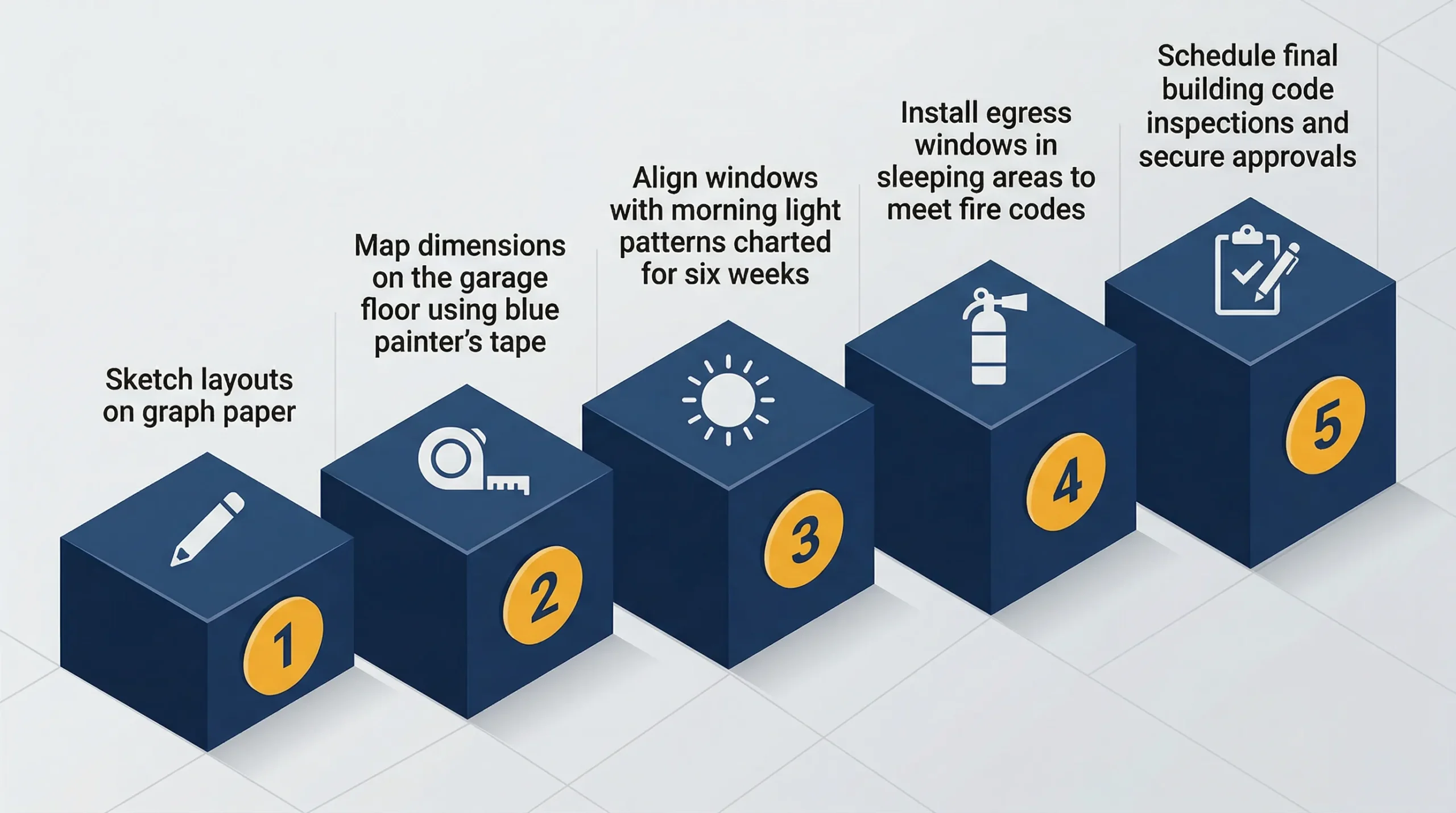 Infographic: Step-by-step process for tiny house construction with icons and numbered badges.