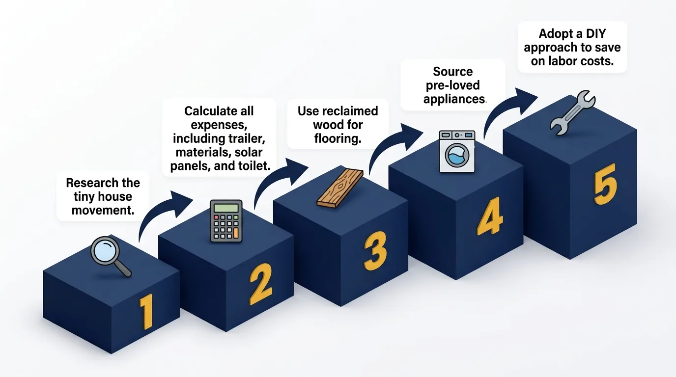 Infographic: Step-by-step tiny house budgeting process with icons and cost-saving tips.
