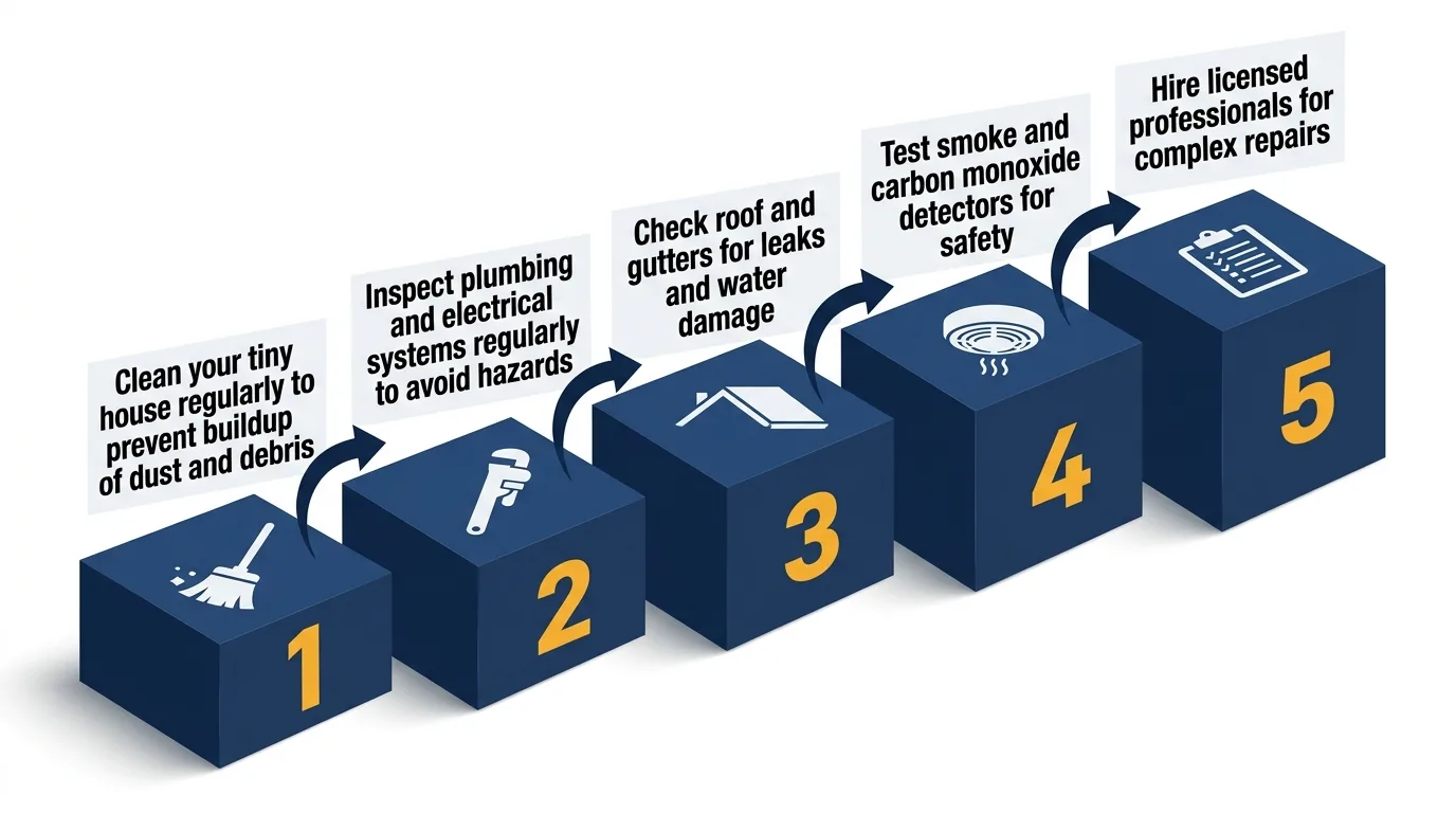 Infographic: Step-by-step tiny house maintenance guide with icons and labels