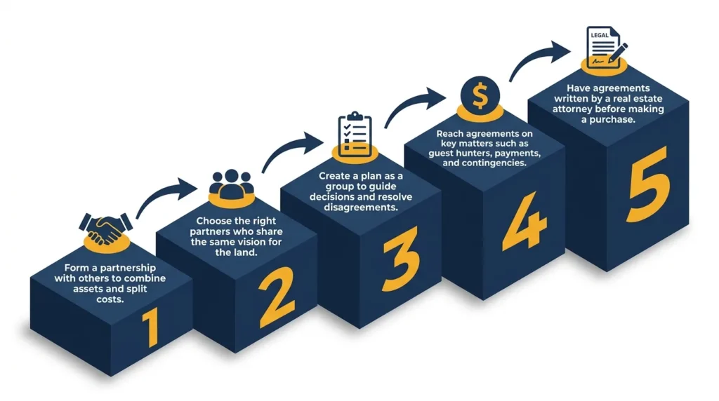 Infographic: Steps for group tiny house land purchase with icons and numbered platforms.