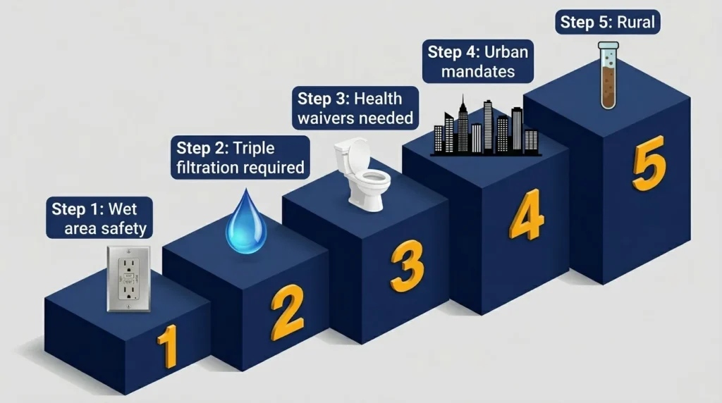 Infographic: Steps for tiny house utility compliance with icons and labels