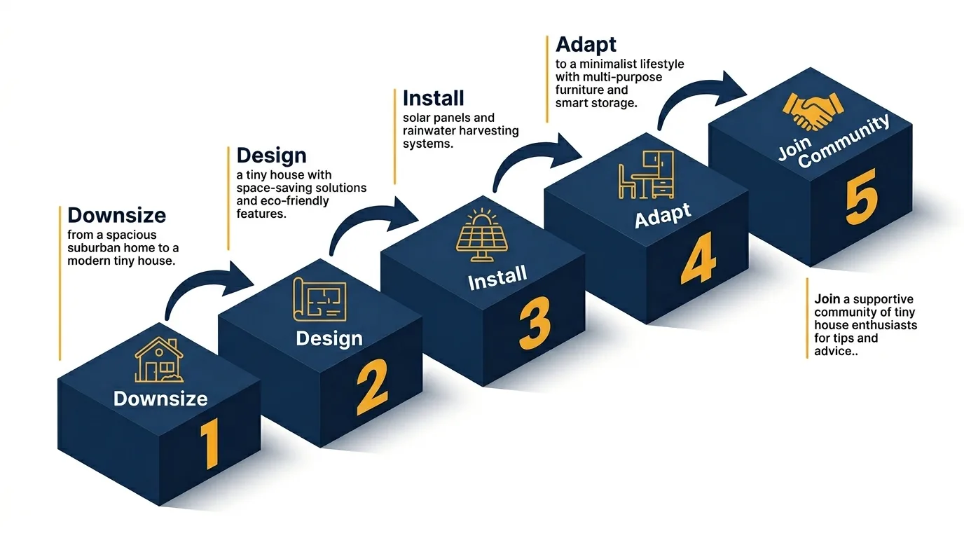 Infographic: Steps for transitioning to modern tiny house living in 3D isometric design.