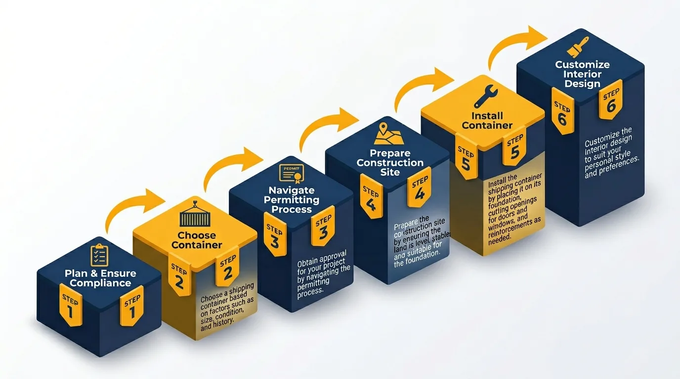 Infographic: Steps to build a shipping container home with icons and flow arrows.
