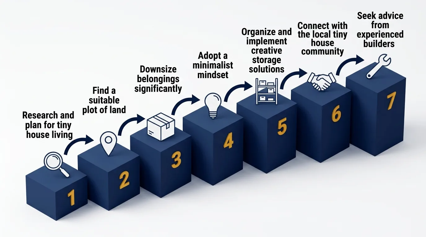Infographic: Steps to build a tiny house on land, from planning to community advice.