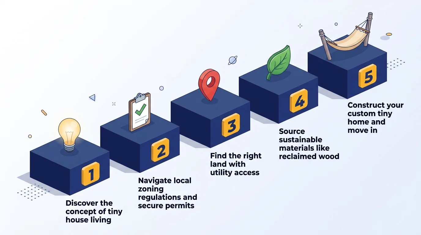 Infographic: Steps to build a tiny house on land with icons and flow arrows