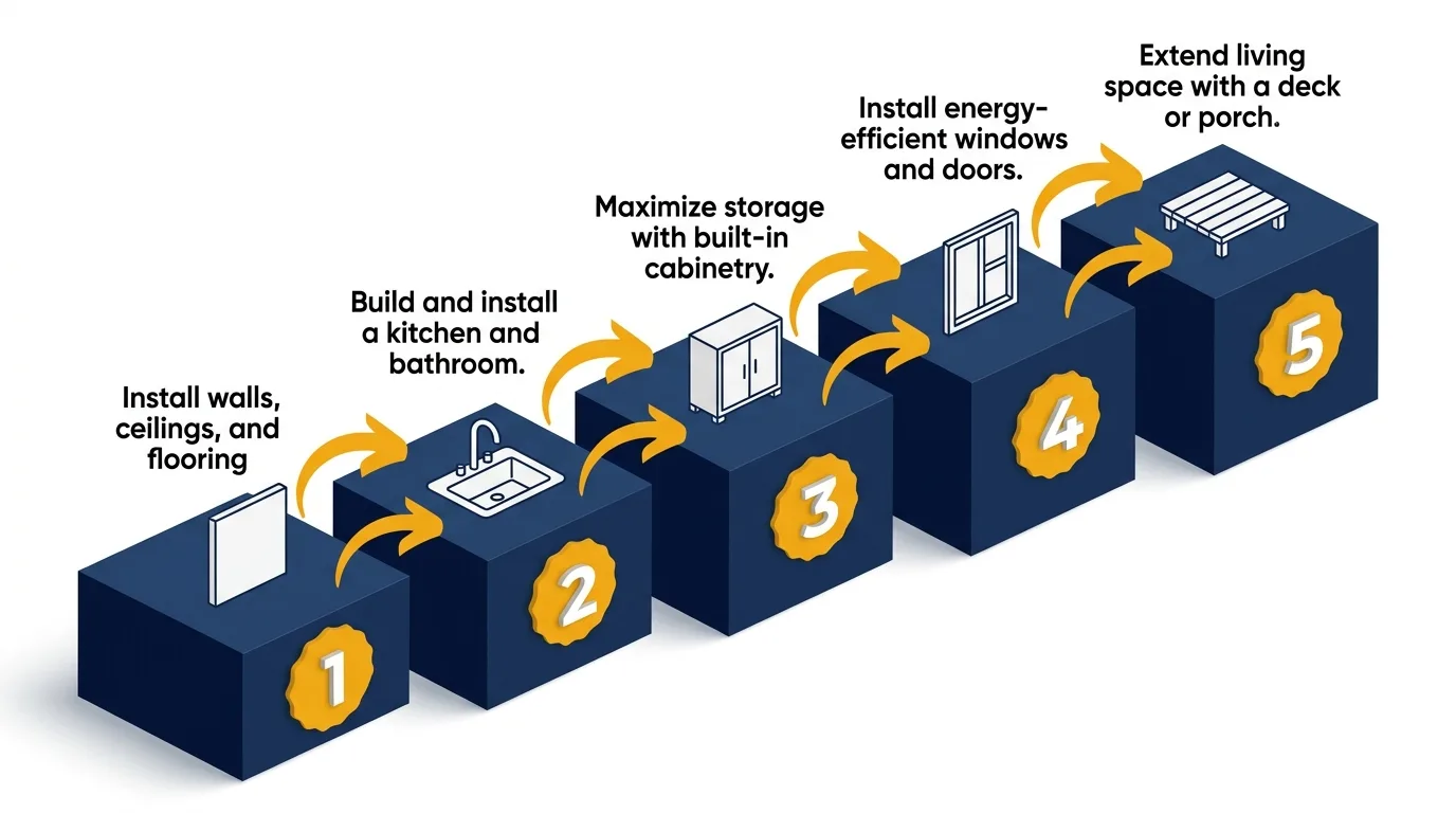 Infographic: Steps to build a tiny house with icons and flow arrows