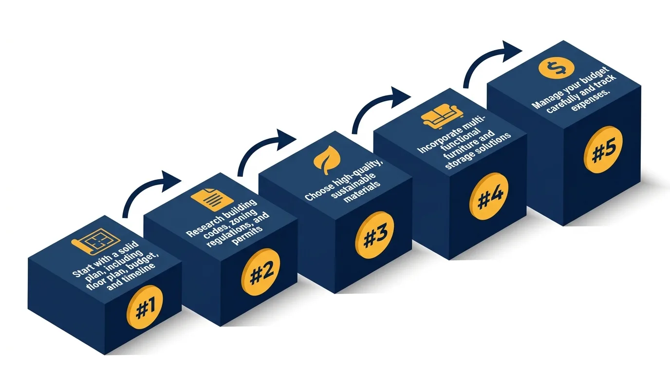 Infographic: Steps to build a tiny house with icons and numbered platforms