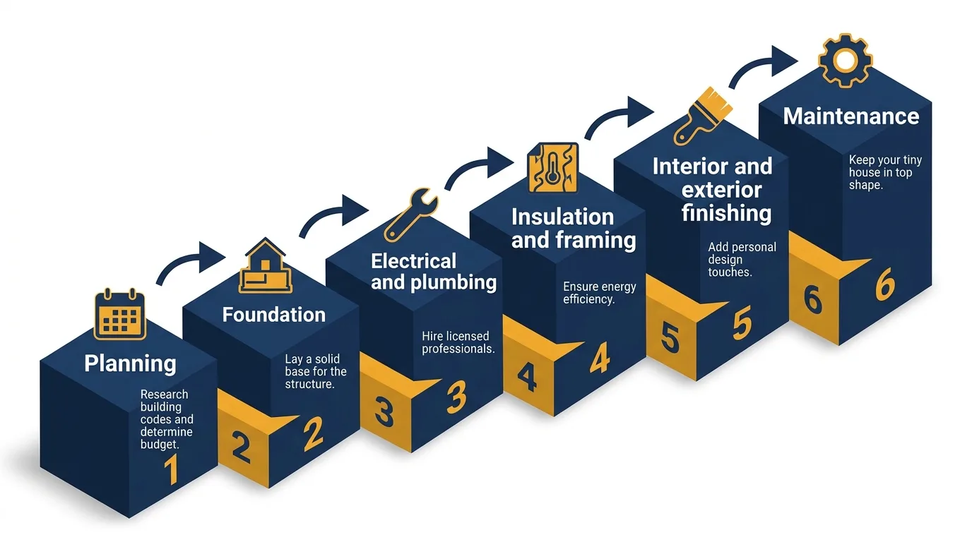 Infographic: Steps to build a tiny house with icons and flow arrows.