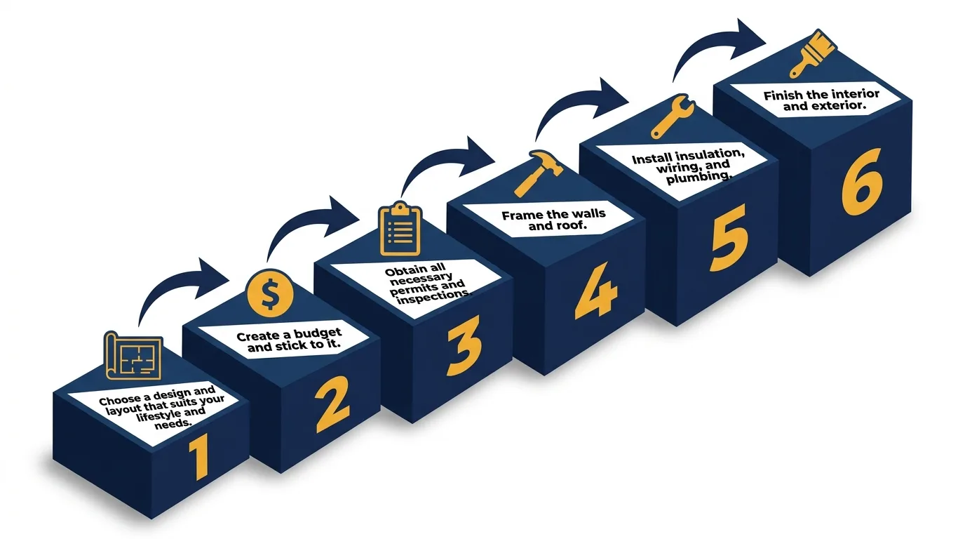 Infographic: Steps to build a two bedroom tiny house with numbered platforms and icons.