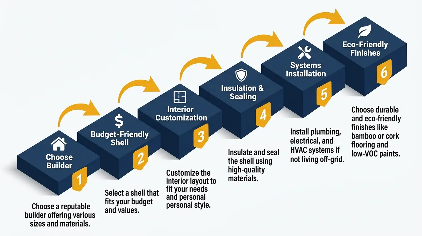 Infographic: Steps to build and customize a tiny house shell with icons and flow arrows.
