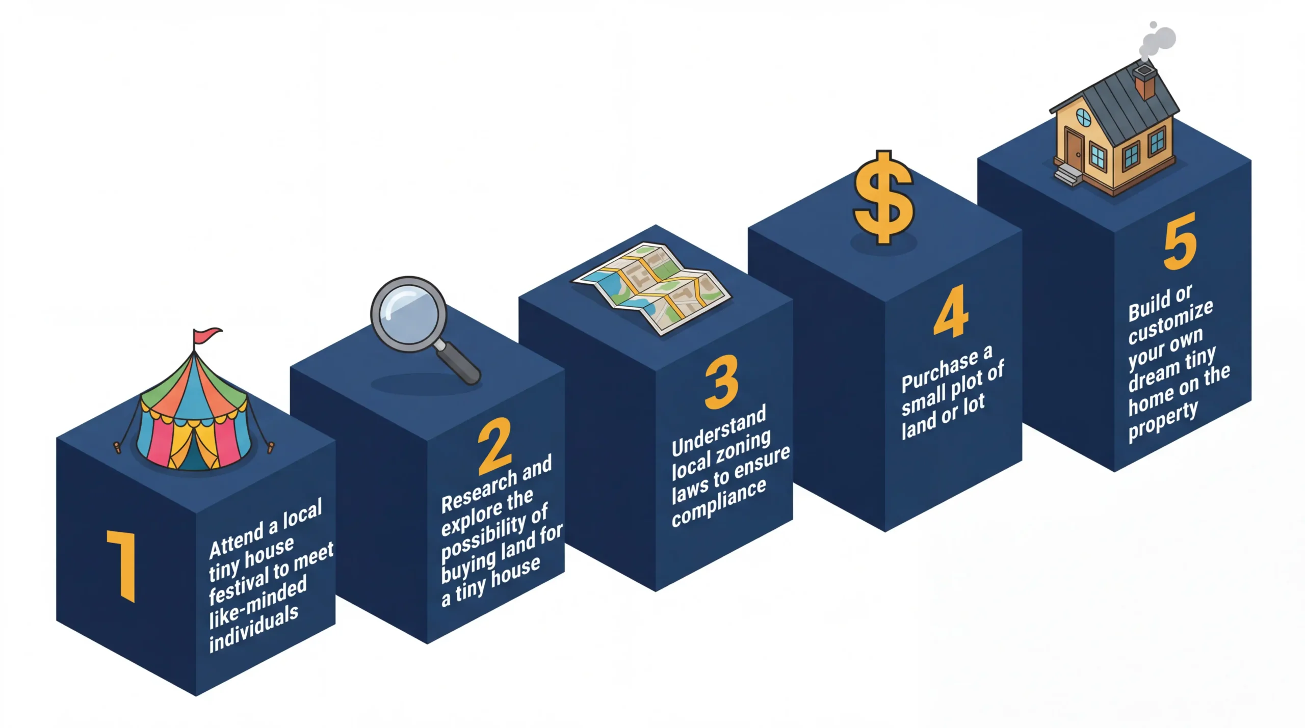 Infographic: Steps to buy land and build a tiny house, with icons and numbered platforms.