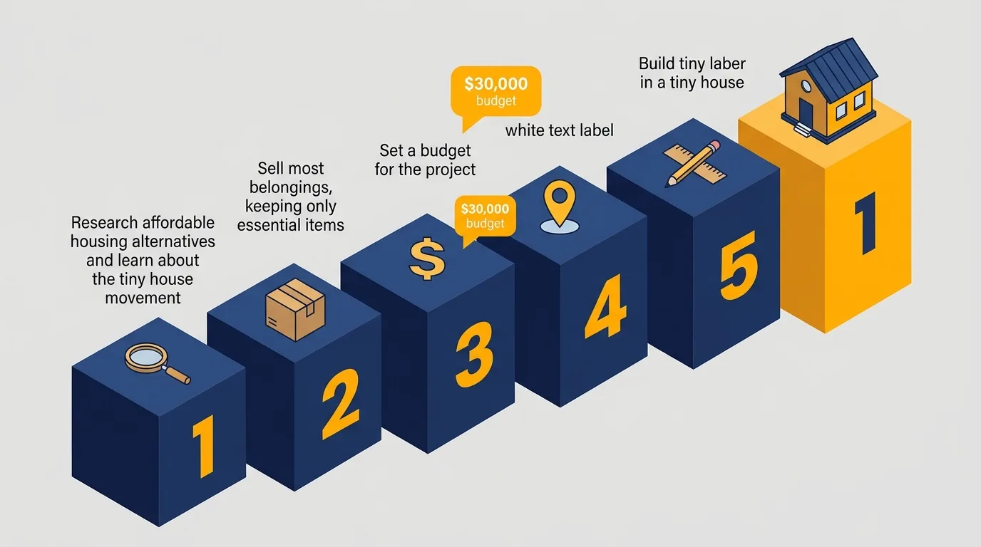 Infographic: Steps to buy land and build a tiny house, with icons and numbered badges.