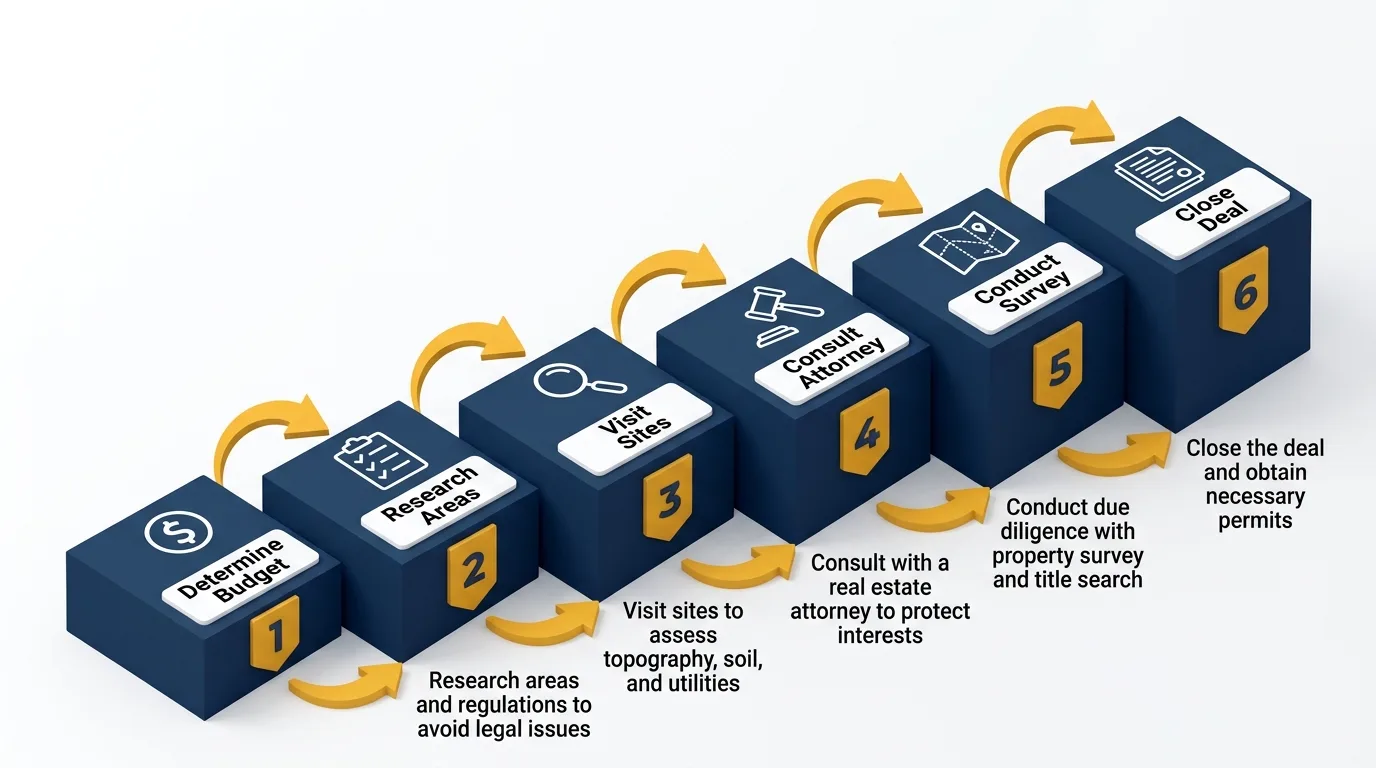 Infographic: Steps to buy land for a tiny house, from budgeting to closing the deal.