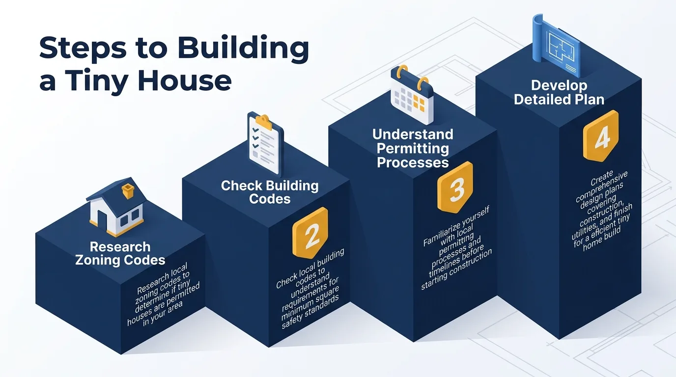 Infographic: Steps to buy land for a tiny house with zoning, building codes, permits, and environmental regulations.