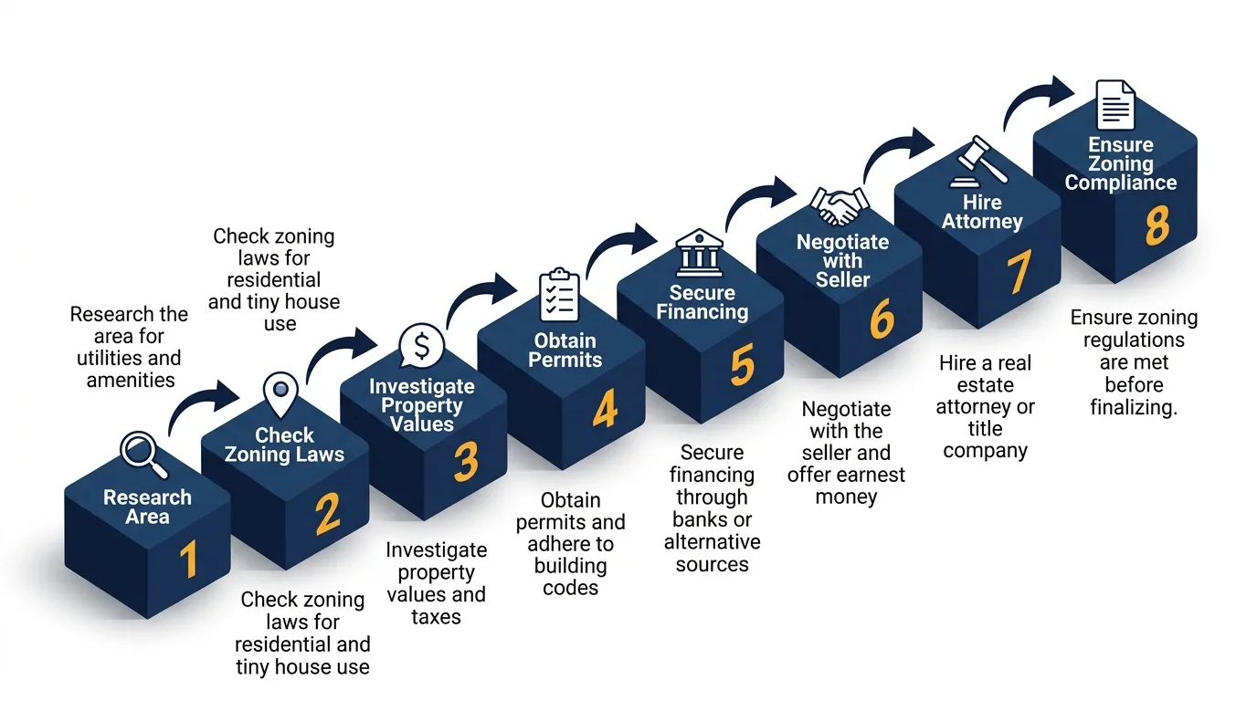 Infographic: Steps to buy land for a tiny house with icons and numbered platforms.
