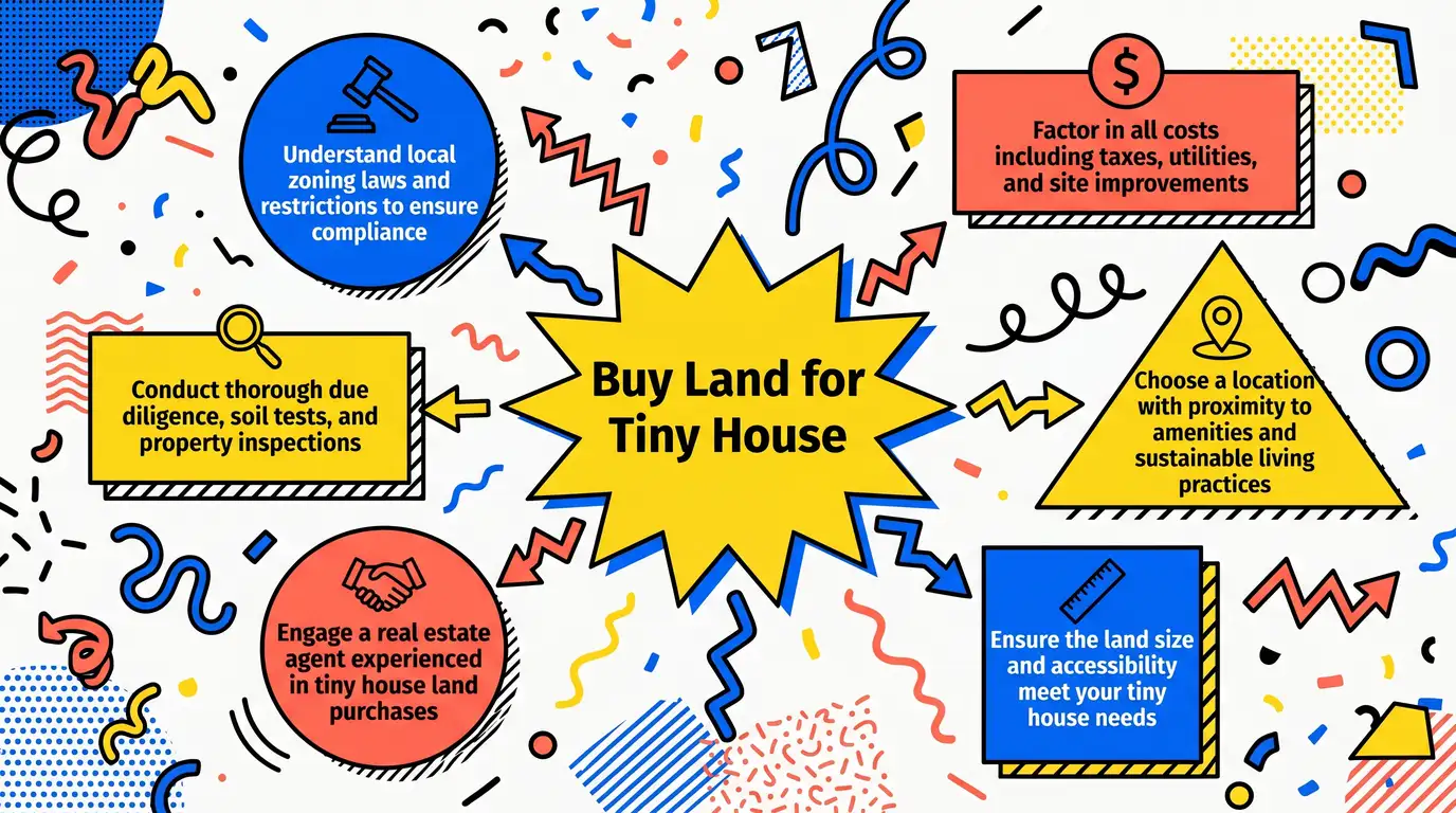 Infographic: Steps to buy land for a tiny house with icons and vibrant geometric design.