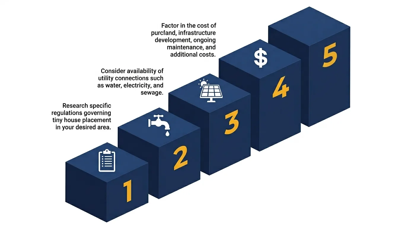Infographic: Steps to buy land for a tiny house with icons and numbered platforms.