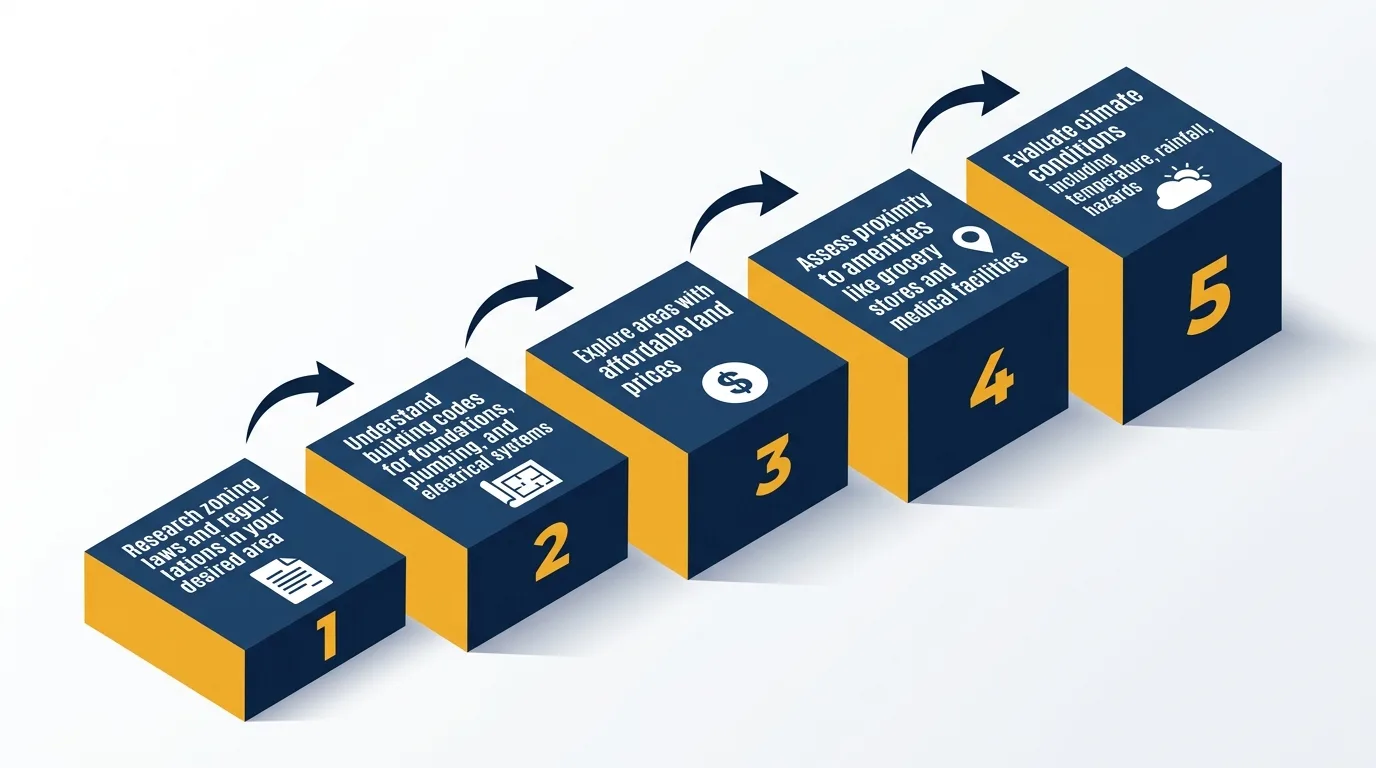 Infographic: Steps to buy land for a tiny house with icons and numbered platforms.