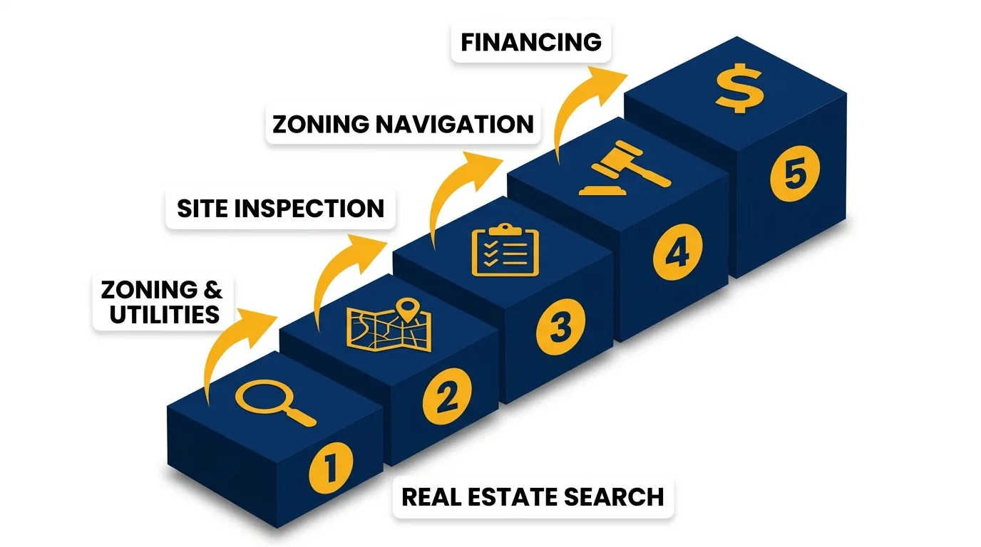 Infographic: Steps to buy land for tiny house living with icons and labels.
