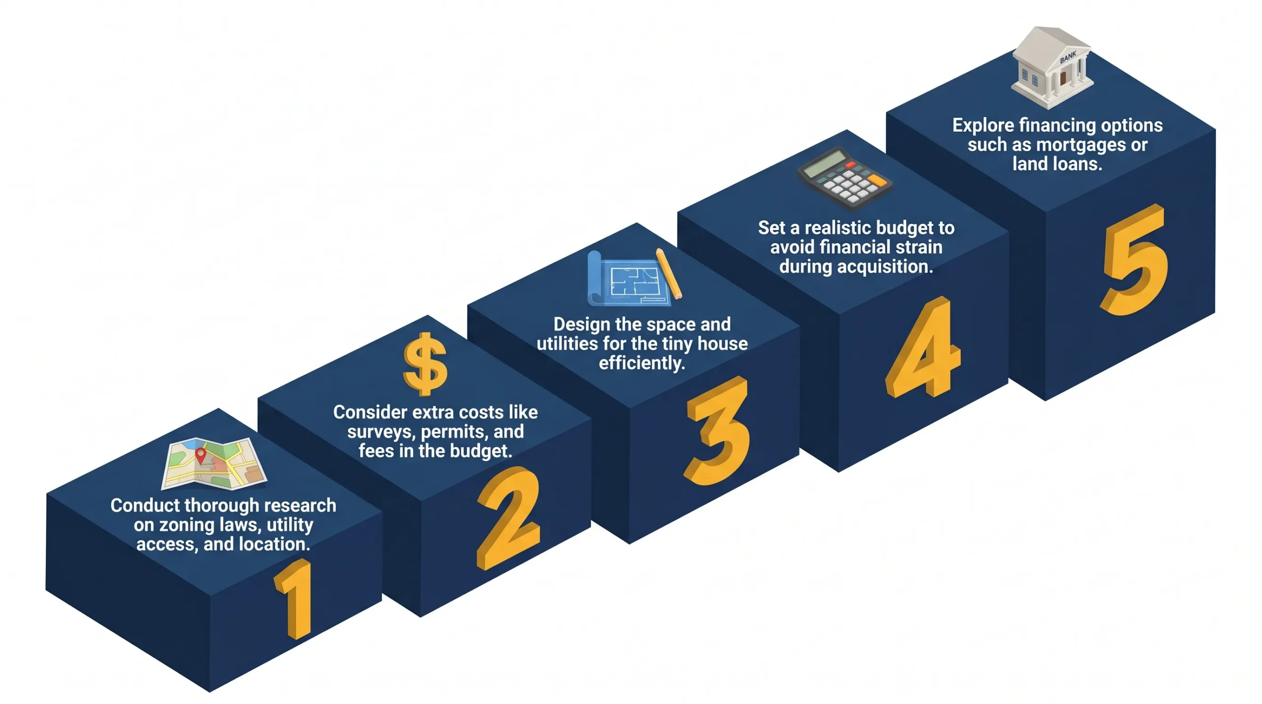 Infographic: Steps to buy land for tiny house living with icons and numbered platforms.