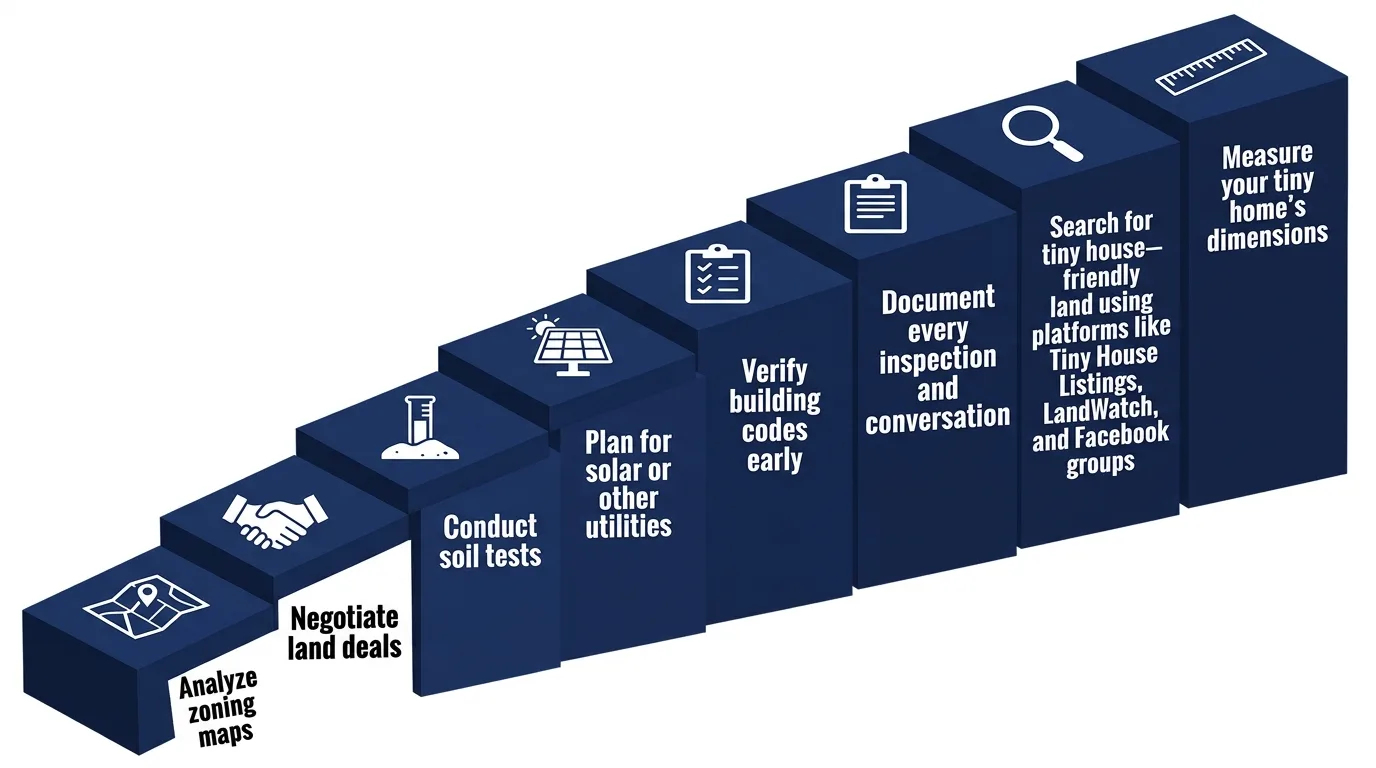 Infographic: Steps to buy tiny house land with zoning, soil tests, and utilities planning.