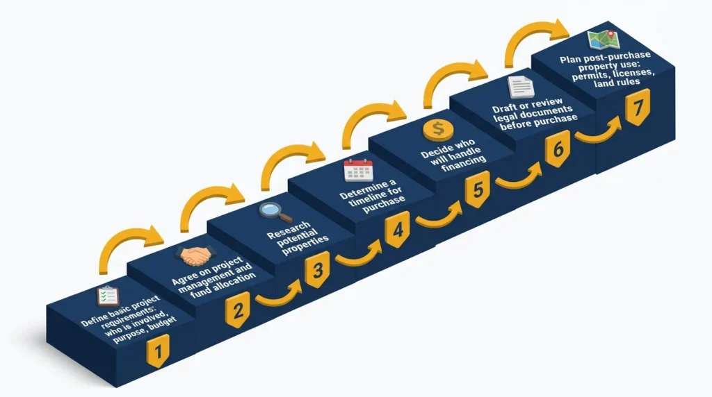Infographic: Steps to buying land with friends in 3D isometric design