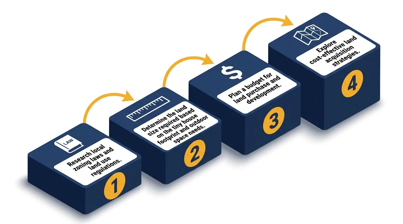 Infographic: Steps to calculate land size for a tiny house, with icons and numbered platforms.
