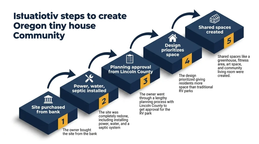 Infographic: Steps to create Oregon's tiny house community, from purchase to shared spaces