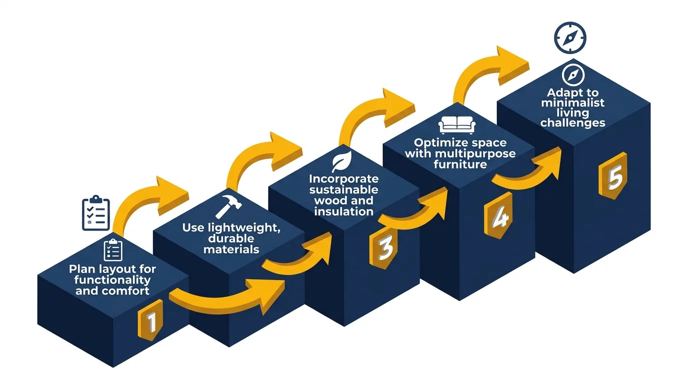Infographic: Steps to design a tiny house on wheels with icons and numbered platforms.