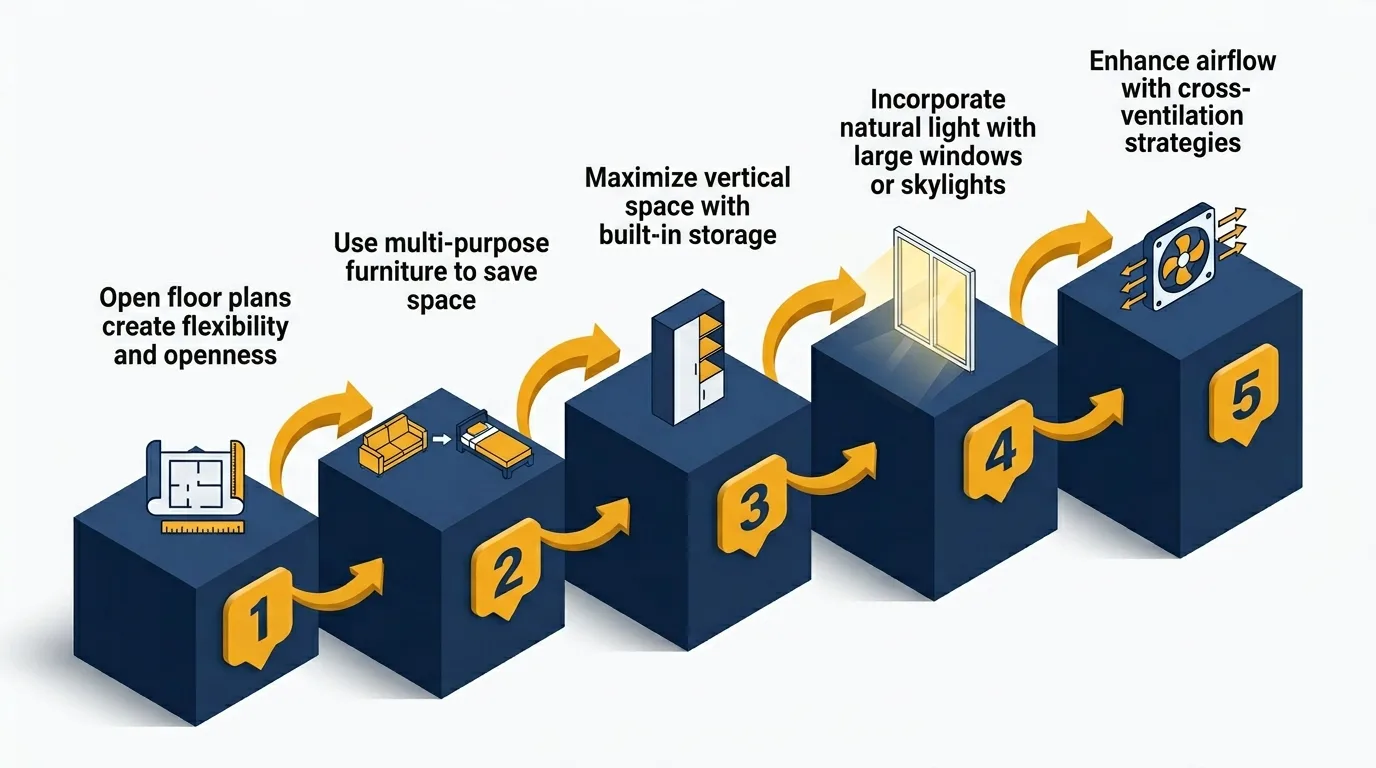 Infographic: Steps to design efficient tiny house floor plans with icons and numbered platforms.